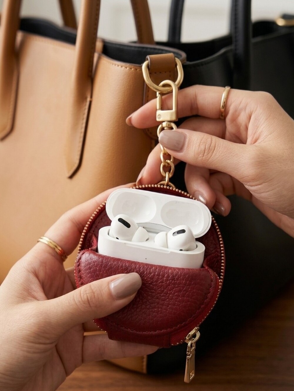Burgundy Leather AirPods Case Keychain with Gold Hardware